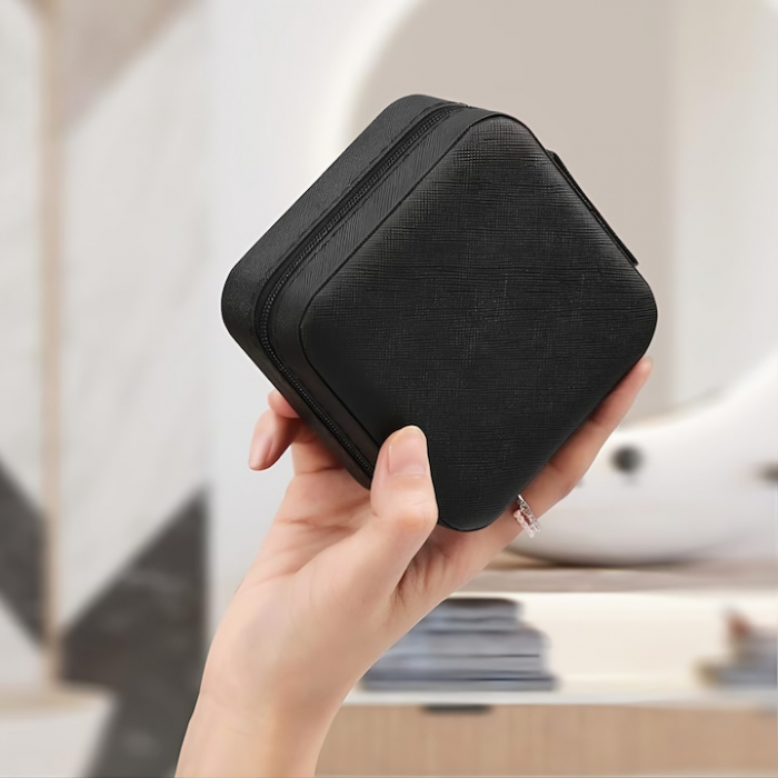 Cutie de bijuterii portabila VarioShop®, eleganta, compacta, oglinda, cu doua separatoare detasabile si fermoar, pentru depozitarea colierelor, inelelor, cerceilor, piele ecologica, 10 x 10 x 5 cm, Ne [4]