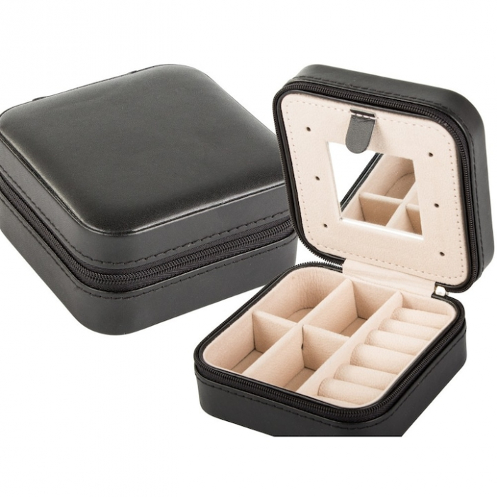 Cutie de bijuterii portabila VarioShop®, eleganta, compacta, oglinda, cu doua separatoare detasabile si fermoar, pentru depozitarea colierelor, inelelor, cerceilor, piele ecologica, 10 x 10 x 5 cm, Ne [14]