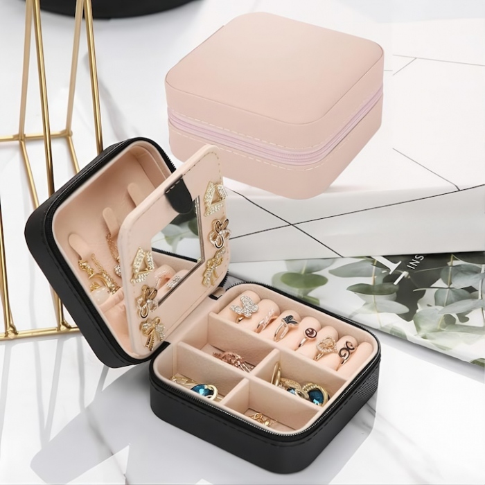 Cutie de bijuterii portabila VarioShop®, eleganta, compacta, oglinda, cu doua separatoare detasabile si fermoar, pentru depozitarea colierelor, inelelor, cerceilor, piele ecologica, 10 x 10 x 5 cm, Ne [5]