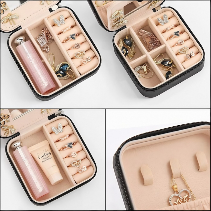 Cutie de bijuterii portabila VarioShop®, eleganta, compacta, oglinda, cu doua separatoare detasabile si fermoar, pentru depozitarea colierelor, inelelor, cerceilor, piele ecologica, 10 x 10 x 5 cm, Ne [3]