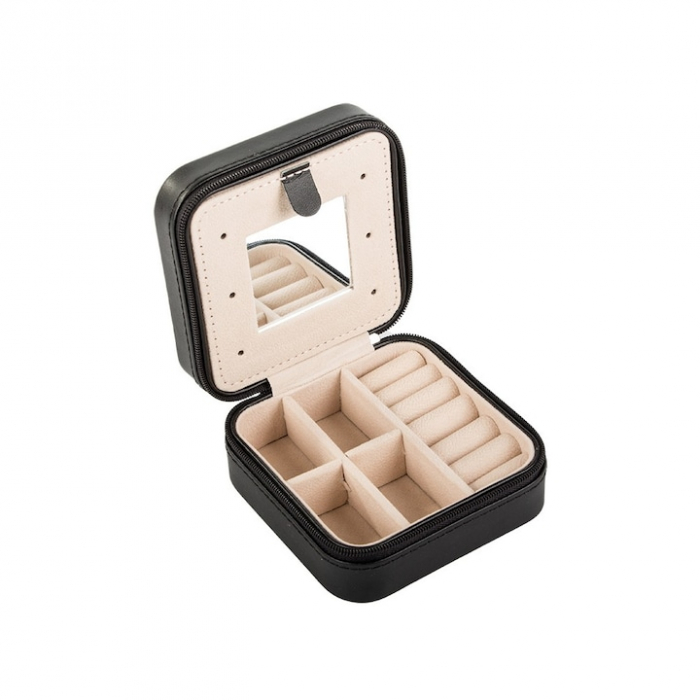 Cutie de bijuterii portabila VarioShop®, eleganta, compacta, oglinda, cu doua separatoare detasabile si fermoar, pentru depozitarea colierelor, inelelor, cerceilor, piele ecologica, 10 x 10 x 5 cm, Ne [11]