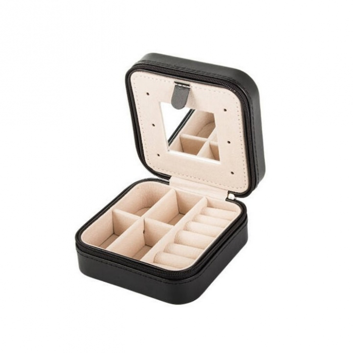 Cutie de bijuterii portabila VarioShop®, eleganta, compacta, oglinda, cu doua separatoare detasabile si fermoar, pentru depozitarea colierelor, inelelor, cerceilor, piele ecologica, 10 x 10 x 5 cm, Ne [12]