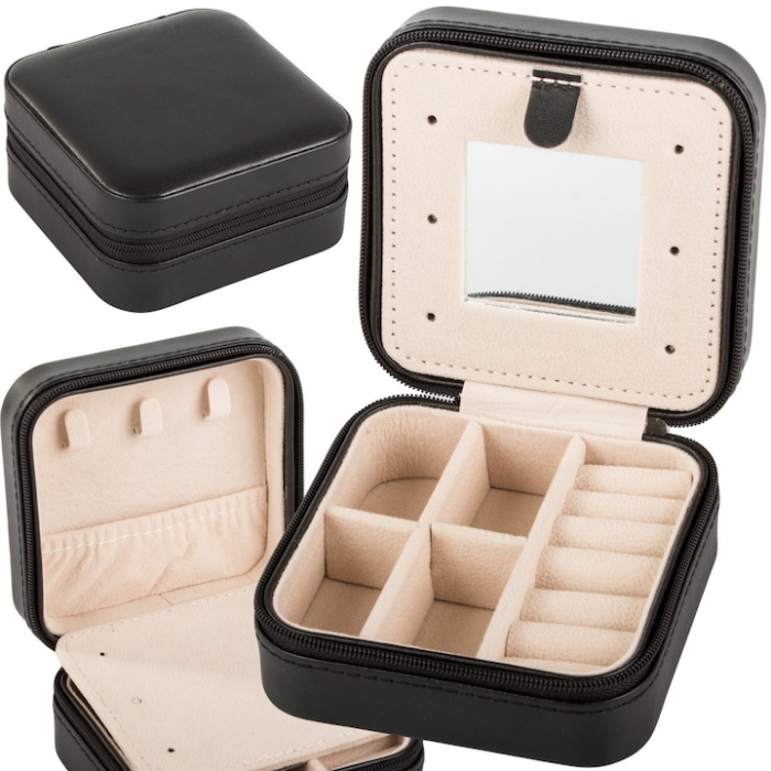 Cutie de bijuterii portabila VarioShop®, eleganta, compacta, oglinda, cu doua separatoare detasabile si fermoar, pentru depozitarea colierelor, inelelor, cerceilor, piele ecologica, 10 x 10 x 5 cm, Ne [1]