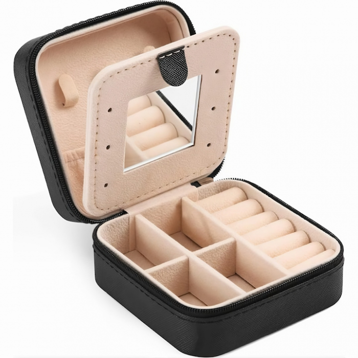 Cutie de bijuterii portabila VarioShop®, eleganta, compacta, oglinda, cu doua separatoare detasabile si fermoar, pentru depozitarea colierelor, inelelor, cerceilor, piele ecologica, 10 x 10 x 5 cm, Ne [7]