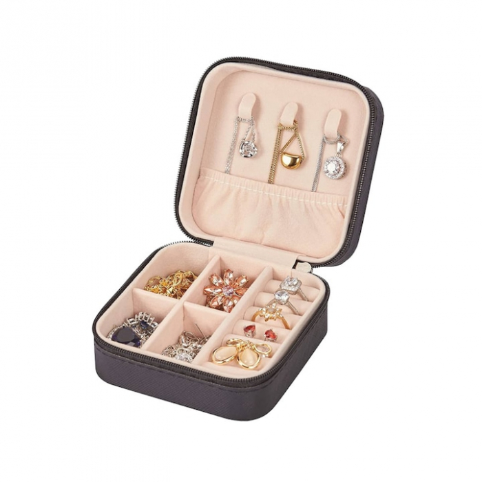 Cutie de bijuterii portabila VarioShop®, eleganta, compacta, versatila, cu doua separatoare detasabile si fermoar, pentru depozitarea colierelor, inelelor, cerceilor, piele ecologica, 10 x 10 x 5 cm, [11]