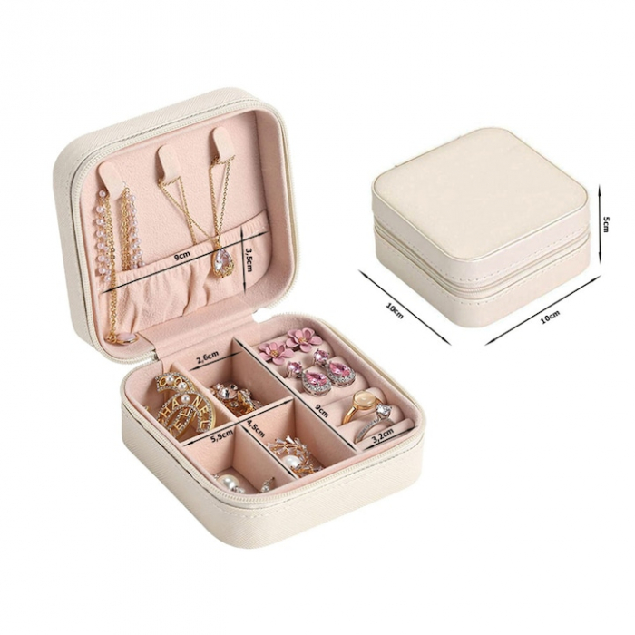 Cutie de bijuterii portabila VarioShop®, eleganta, compacta, versatila, cu doua separatoare detasabile si fermoar, pentru depozitarea colierelor, inelelor, cerceilor, piele ecologica, 10 x 10 x 5 cm, [17]