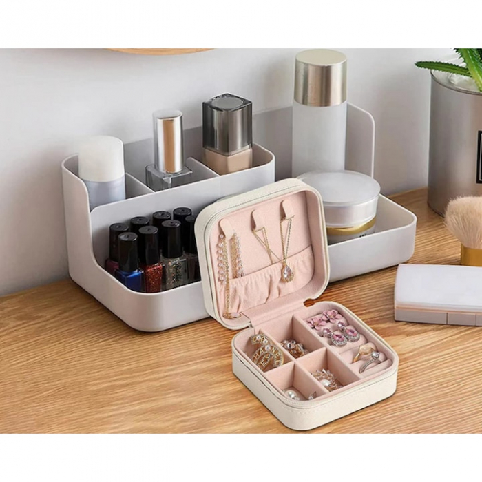 Cutie de bijuterii portabila VarioShop®, eleganta, compacta, versatila, cu doua separatoare detasabile si fermoar, pentru depozitarea colierelor, inelelor, cerceilor, piele ecologica, 10 x 10 x 5 cm, [9]