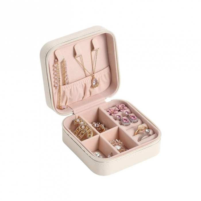 Cutie de bijuterii portabila VarioShop®, eleganta, compacta, versatila, cu doua separatoare detasabile si fermoar, pentru depozitarea colierelor, inelelor, cerceilor, piele ecologica, 10 x 10 x 5 cm, [6]