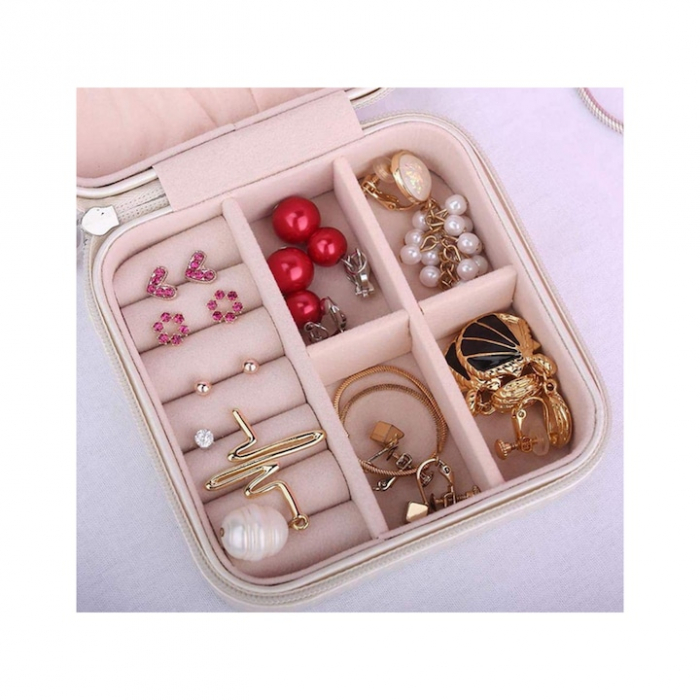 Cutie de bijuterii portabila VarioShop®, eleganta, compacta, versatila, cu doua separatoare detasabile si fermoar, pentru depozitarea colierelor, inelelor, cerceilor, piele ecologica, 10 x 10 x 5 cm, [11]