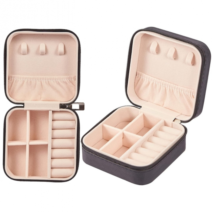 Cutie de bijuterii portabila VarioShop®, eleganta, compacta, versatila, cu doua separatoare detasabile si fermoar, pentru depozitarea colierelor, inelelor, cerceilor, piele ecologica, 10 x 10 x 5 cm, [15]