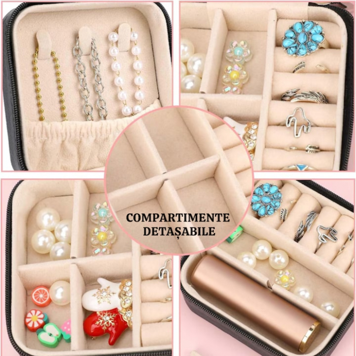 Cutie de bijuterii portabila VarioShop®, eleganta, compacta, versatila, cu doua separatoare detasabile si fermoar, pentru depozitarea colierelor, inelelor, cerceilor, piele ecologica, 10 x 10 x 5 cm, [6]
