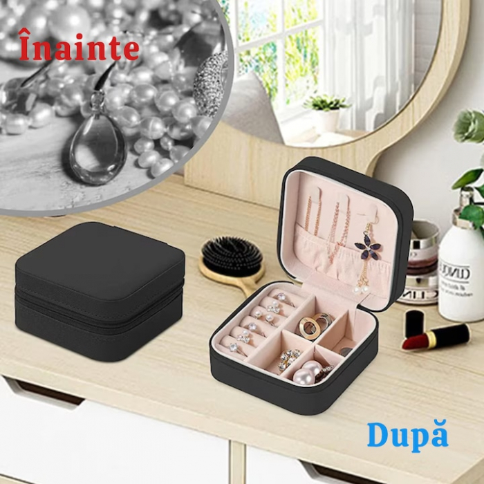 Cutie de bijuterii portabila VarioShop®, eleganta, compacta, versatila, cu doua separatoare detasabile si fermoar, pentru depozitarea colierelor, inelelor, cerceilor, piele ecologica, 10 x 10 x 5 cm, [5]