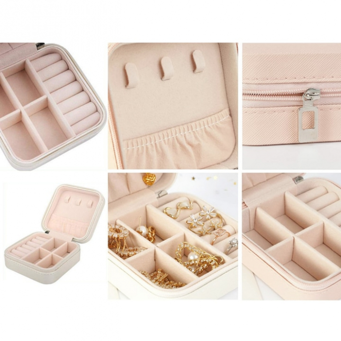 Cutie de bijuterii portabila VarioShop®, eleganta, compacta, versatila, cu doua separatoare detasabile si fermoar, pentru depozitarea colierelor, inelelor, cerceilor, piele ecologica, 10 x 10 x 5 cm, [16]