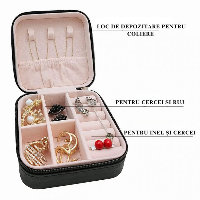 Cutie de bijuterii portabila VarioShop®, eleganta, compacta, versatila, cu doua separatoare detasabile si fermoar, pentru depozitarea colierelor, inelelor, cerceilor, piele ecologica, 10 x 10 x 5 cm, [3]