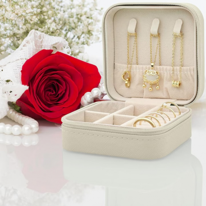 Cutie de bijuterii portabila VarioShop®, eleganta, compacta, versatila, cu doua separatoare detasabile si fermoar, pentru depozitarea colierelor, inelelor, cerceilor, piele ecologica, 10 x 10 x 5 cm, [8]