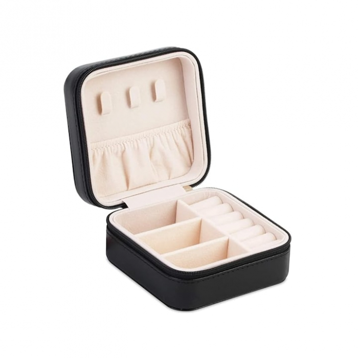 Cutie de bijuterii portabila VarioShop®, eleganta, compacta, versatila, cu doua separatoare detasabile si fermoar, pentru depozitarea colierelor, inelelor, cerceilor, piele ecologica, 10 x 10 x 5 cm, [12]