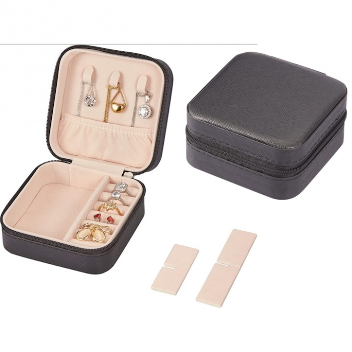 Cutie de bijuterii portabila VarioShop®, eleganta, compacta, versatila, cu doua separatoare detasabile si fermoar, pentru depozitarea colierelor, inelelor, cerceilor, piele ecologica, 10 x 10 x 5 cm, [14]