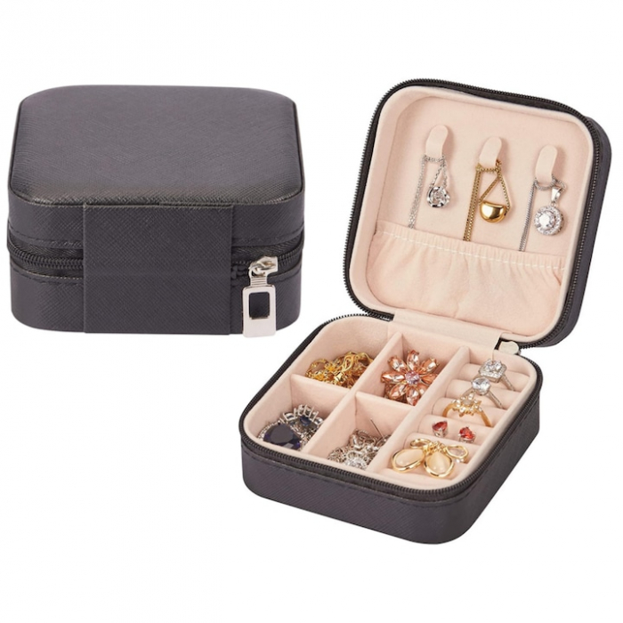 Cutie de bijuterii portabila VarioShop®, eleganta, compacta, versatila, cu doua separatoare detasabile si fermoar, pentru depozitarea colierelor, inelelor, cerceilor, piele ecologica, 10 x 10 x 5 cm, [10]