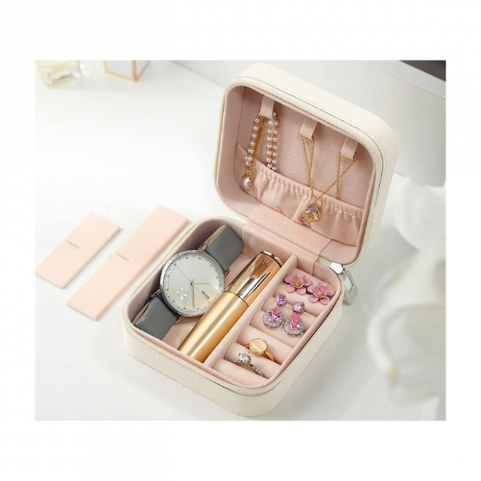 Cutie de bijuterii portabila VarioShop®, eleganta, compacta, versatila, cu doua separatoare detasabile si fermoar, pentru depozitarea colierelor, inelelor, cerceilor, piele ecologica, 10 x 10 x 5 cm, [3]
