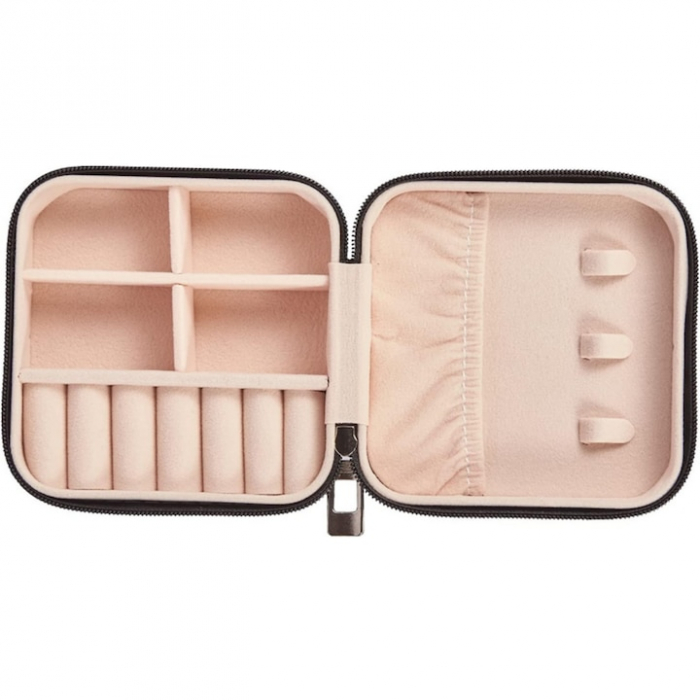 Cutie de bijuterii portabila VarioShop®, eleganta, compacta, versatila, cu doua separatoare detasabile si fermoar, pentru depozitarea colierelor, inelelor, cerceilor, piele ecologica, 10 x 10 x 5 cm, [13]