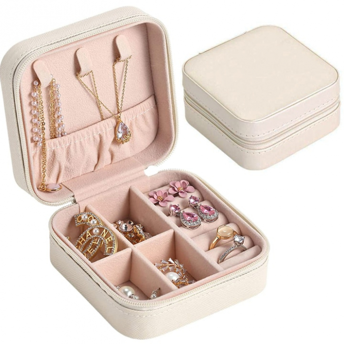 Cutie de bijuterii portabila VarioShop®, eleganta, compacta, versatila, cu doua separatoare detasabile si fermoar, pentru depozitarea colierelor, inelelor, cerceilor, piele ecologica, 10 x 10 x 5 cm, [1]