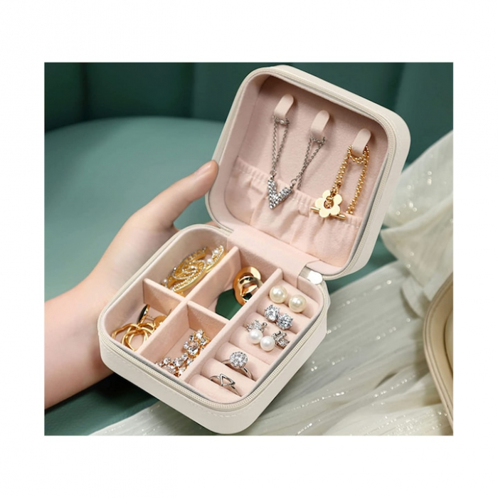 Cutie de bijuterii portabila VarioShop®, eleganta, compacta, versatila, cu doua separatoare detasabile si fermoar, pentru depozitarea colierelor, inelelor, cerceilor, piele ecologica, 10 x 10 x 5 cm, [4]