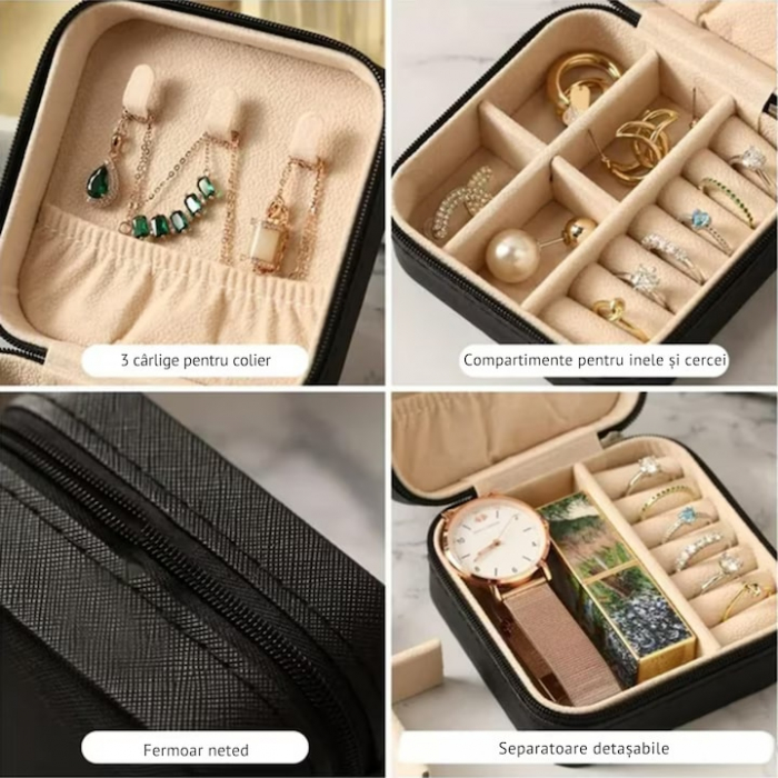 Cutie de bijuterii portabila VarioShop®, eleganta, compacta, versatila, cu doua separatoare detasabile si fermoar, pentru depozitarea colierelor, inelelor, cerceilor, piele ecologica, 10 x 10 x 5 cm, [7]