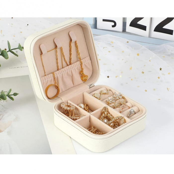 Cutie de bijuterii portabila VarioShop®, eleganta, compacta, versatila, cu doua separatoare detasabile si fermoar, pentru depozitarea colierelor, inelelor, cerceilor, piele ecologica, 10 x 10 x 5 cm, [2]