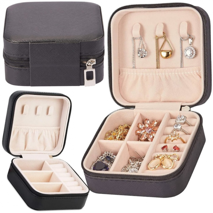 Cutie de bijuterii portabila VarioShop®, eleganta, compacta, versatila, cu doua separatoare detasabile si fermoar, pentru depozitarea colierelor, inelelor, cerceilor, piele ecologica, 10 x 10 x 5 cm, [9]