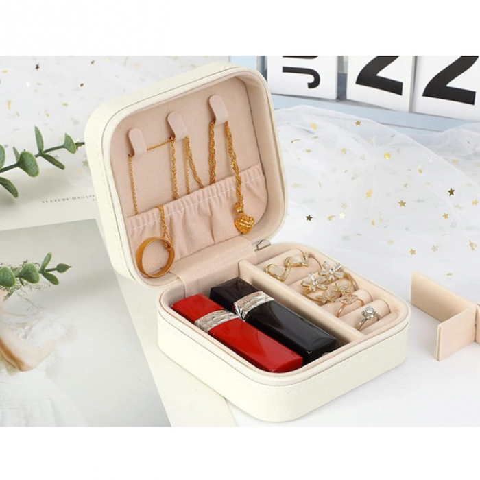 Cutie de bijuterii portabila VarioShop®, eleganta, compacta, versatila, cu doua separatoare detasabile si fermoar, pentru depozitarea colierelor, inelelor, cerceilor, piele ecologica, 10 x 10 x 5 cm, [15]