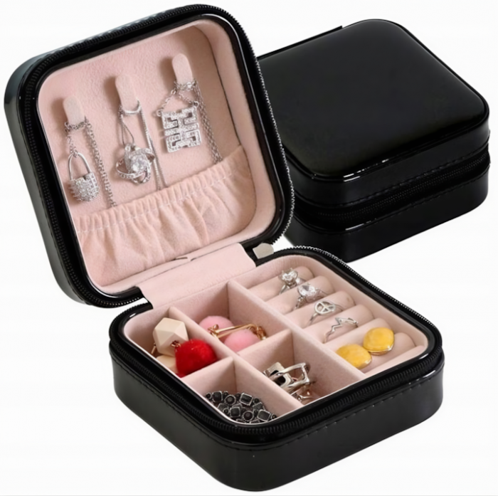 Cutie de bijuterii portabila VarioShop®, eleganta, compacta, versatila, cu doua separatoare detasabile si fermoar, pentru depozitarea colierelor, inelelor, cerceilor, piele ecologica, 10 x 10 x 5 cm, [1]