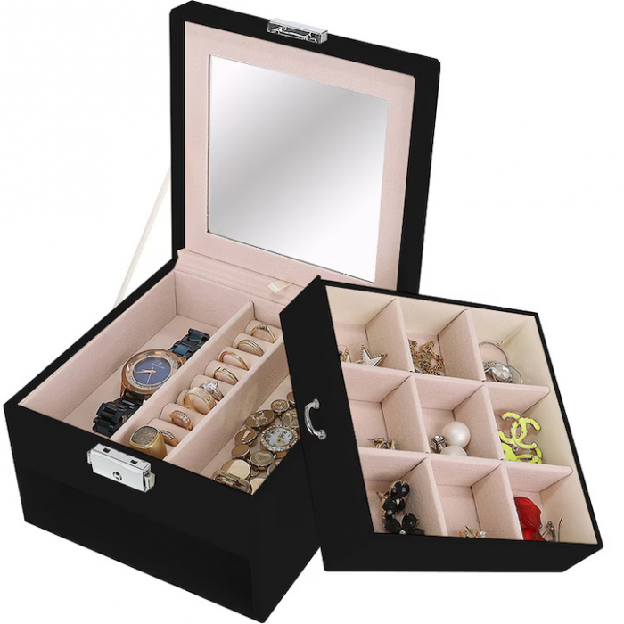 Cutie de bijuterii VarioShop®, cu sertar si oglinda, piele ecologica, interior catifea, cheie, 12 compartimente, 16x16x11cm, negru-crem [1]