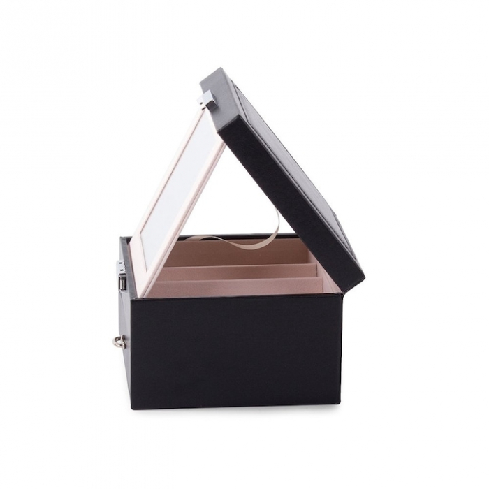 Cutie de bijuterii VarioShop®, cu sertar si oglinda, piele ecologica, interior catifea, cheie, 12 compartimente, 16x16x11cm, negru-crem [8]