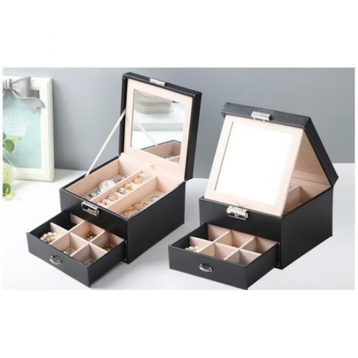 Cutie de bijuterii VarioShop®, cu sertar si oglinda, piele ecologica, interior catifea, cheie, 12 compartimente, 16x16x11cm, negru-crem [6]