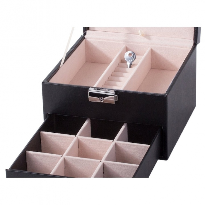 Cutie de bijuterii VarioShop®, cu sertar si oglinda, piele ecologica, interior catifea, cheie, 12 compartimente, 16x16x11cm, negru-crem [4]