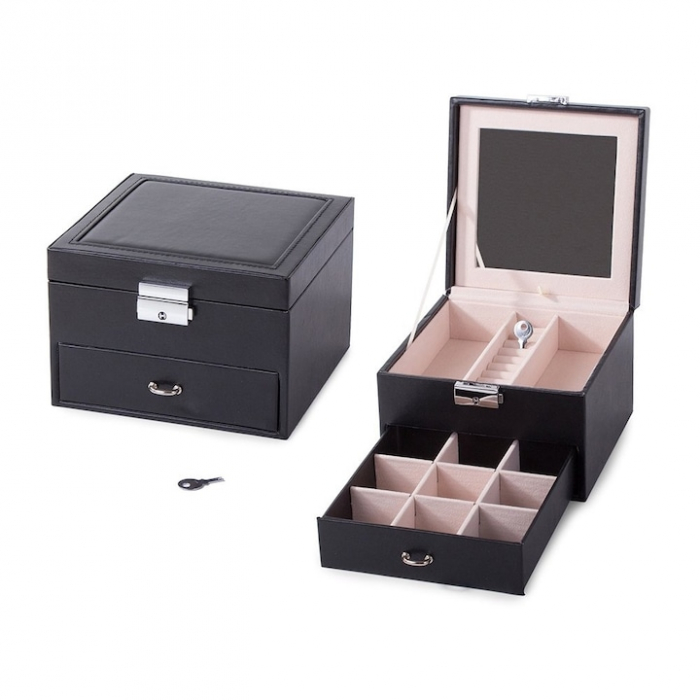 Cutie de bijuterii VarioShop®, cu sertar si oglinda, piele ecologica, interior catifea, cheie, 12 compartimente, 16x16x11cm, negru-crem [2]