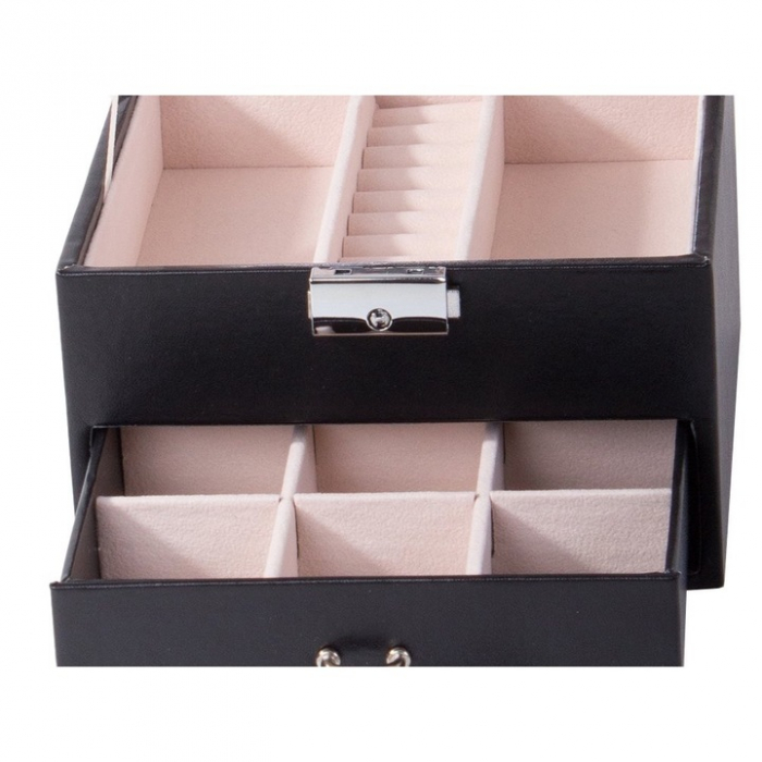 Cutie de bijuterii VarioShop®, cu sertar si oglinda, piele ecologica, interior catifea, cheie, 12 compartimente, 16x16x11cm, negru-crem [9]