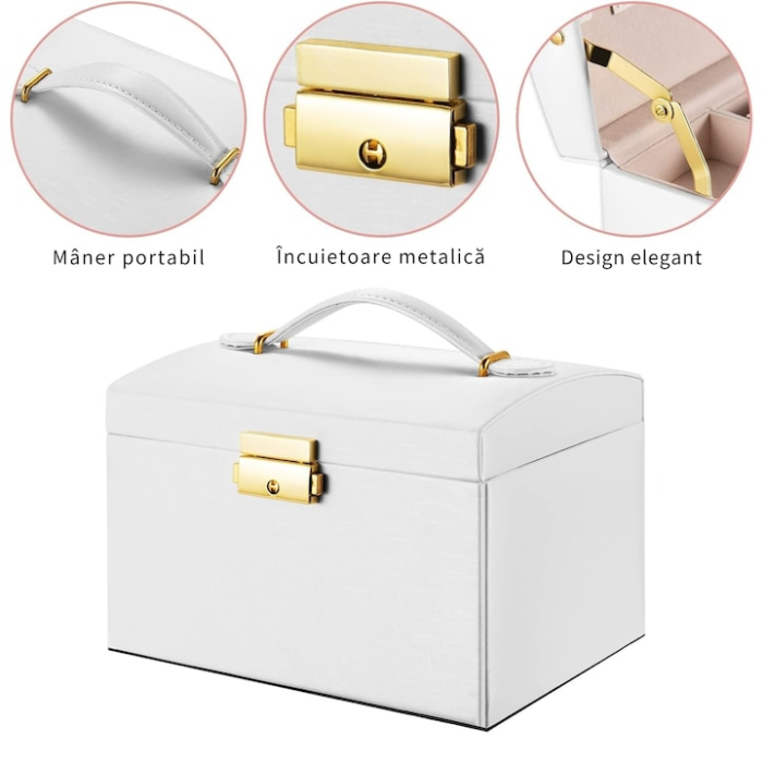 Cutie de bijuterii VarioShop®, eleganta si incapatoare cu sertare, compartimente multiple, oglinda si inchidere cu cheie, Alb [4]