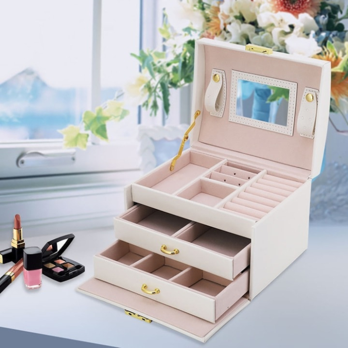 Cutie de bijuterii VarioShop®, eleganta si incapatoare cu sertare, compartimente multiple, oglinda si inchidere cu cheie, Alb [5]