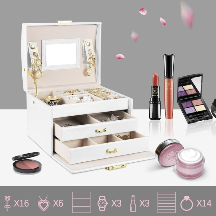 Cutie de bijuterii VarioShop®, eleganta si incapatoare cu sertare, compartimente multiple, oglinda si inchidere cu cheie, Alb [7]