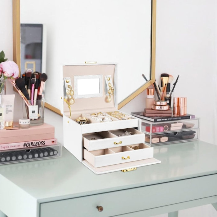 Cutie de bijuterii VarioShop®, eleganta si incapatoare cu sertare, compartimente multiple, oglinda si inchidere cu cheie, Alb [9]