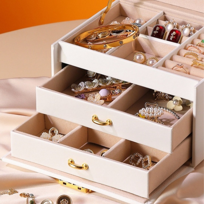 Cutie de bijuterii VarioShop®, eleganta si incapatoare cu sertare, compartimente multiple, oglinda si inchidere cu cheie, Alb [8]