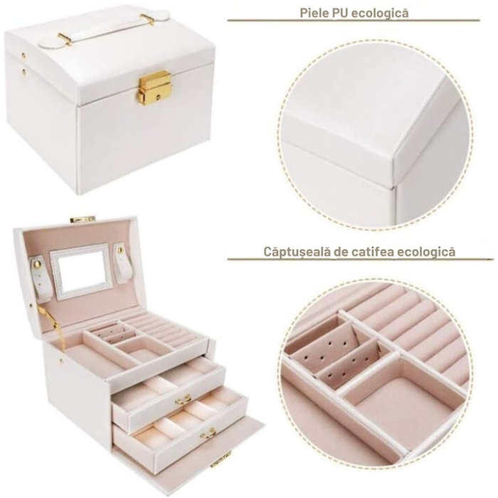 Cutie de bijuterii VarioShop®, eleganta si incapatoare cu sertare, compartimente multiple, oglinda si inchidere cu cheie, Alb [3]