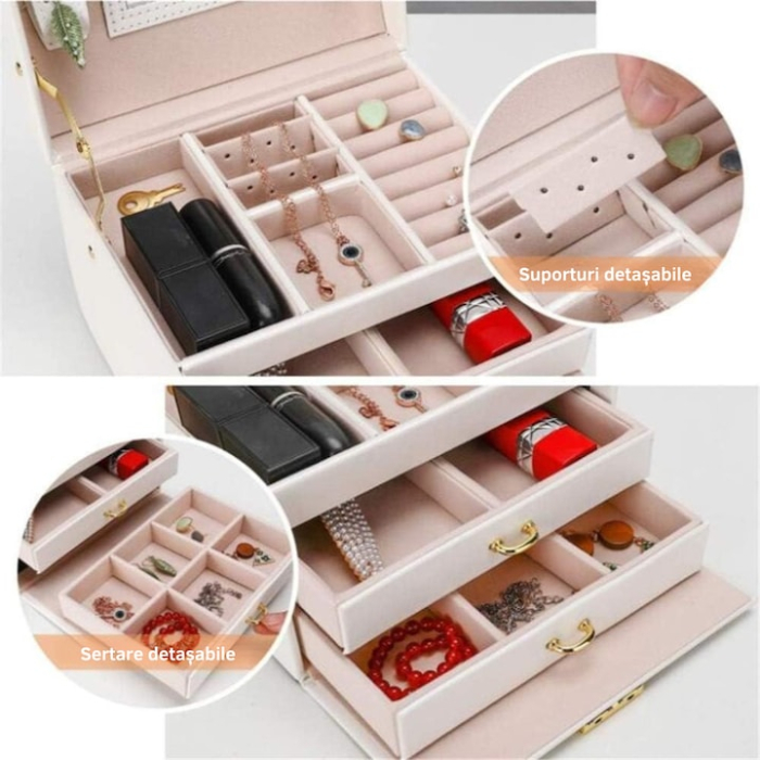 Cutie de bijuterii VarioShop®, eleganta si incapatoare cu sertare, compartimente multiple, oglinda si inchidere cu cheie, Alb [2]