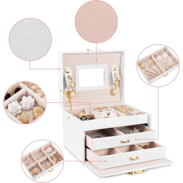 Cutie de bijuterii VarioShop®, eleganta si incapatoare cu sertare, compartimente multiple, oglinda si inchidere cu cheie, Alb [6]