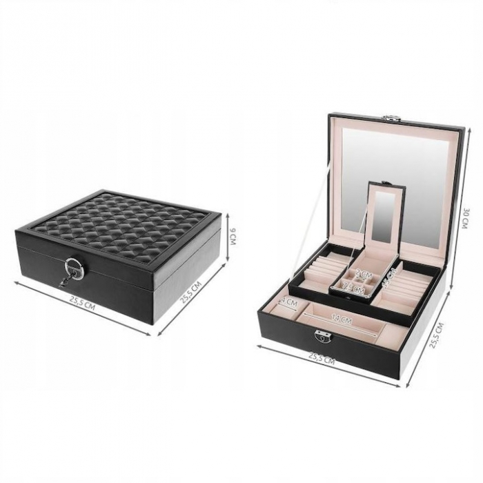 Cutie de bijuterii VarioShop® ideala pentru organizarea cerceilor, ceasurilor si colierelor, dotata cu oglinda, compartimente detasabile, inchidere cu cheie, dimensiuni 25x25x30cm, negru [2]
