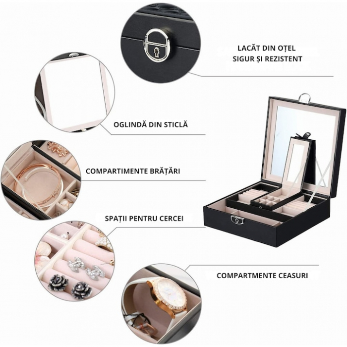 Cutie de bijuterii VarioShop® ideala pentru organizarea cerceilor, ceasurilor si colierelor, dotata cu oglinda, compartimente detasabile, inchidere cu cheie, dimensiuni 25x25x30cm, negru [9]