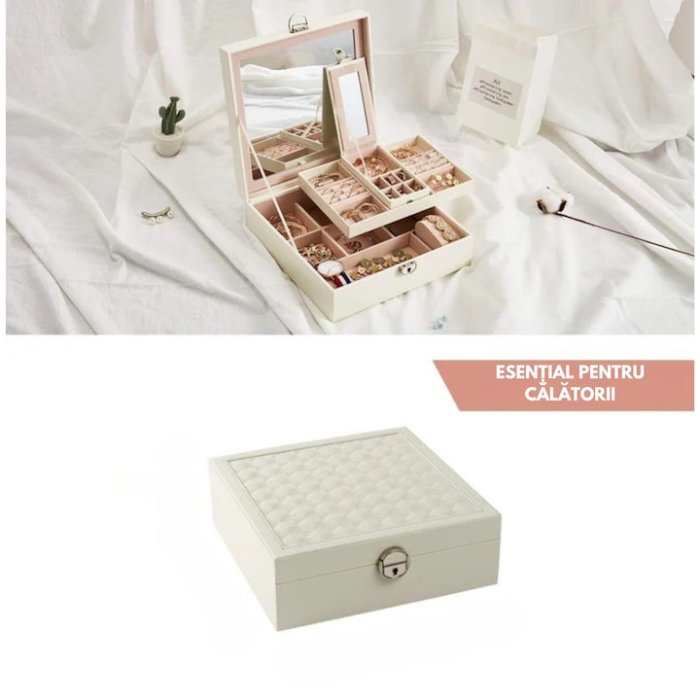 Cutie de bijuterii VarioShop® ideala pentru organizarea cerceilor, ceasurilor si colierelor, dotata cu oglinda, compartimente detasabile, inchidere cu cheie, dimensiuni 25 x 25 x 30 cm, Alb [7]