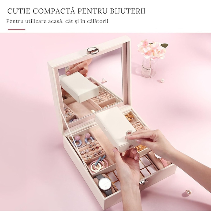 Cutie de bijuterii VarioShop® ideala pentru organizarea cerceilor, ceasurilor si colierelor, dotata cu oglinda, compartimente detasabile, inchidere cu cheie, dimensiuni 25 x 25 x 30 cm, Alb [3]