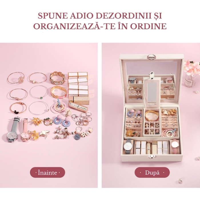 Cutie de bijuterii VarioShop® ideala pentru organizarea cerceilor, ceasurilor si colierelor, dotata cu oglinda, compartimente detasabile, inchidere cu cheie, dimensiuni 25 x 25 x 30 cm, Alb [6]